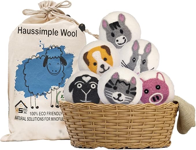 Wool Dryer Balls – 6-Pack XL Organic Fabric Softener | Natural Handmade Sheep Wool | Reusable, Anti-Static, Lint & Wrinkle Remover | Safe for Baby & Sensitive Skin (Farm)
