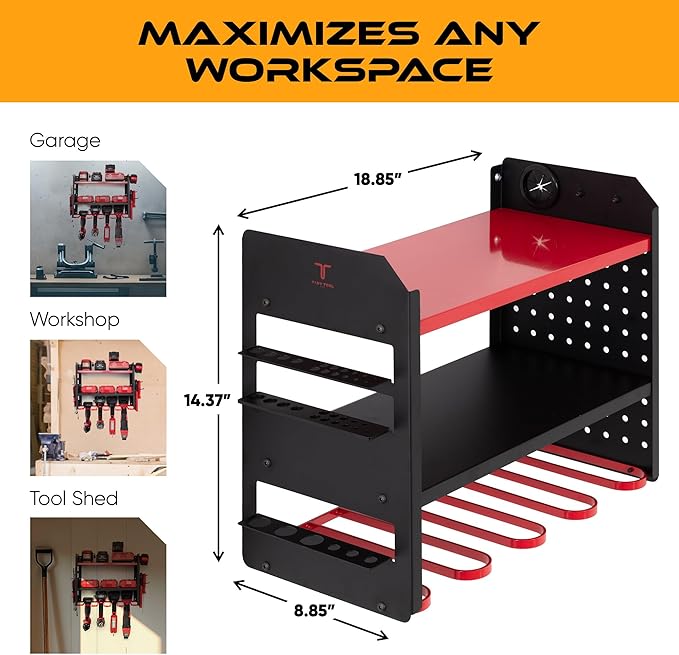 Power Tool Organizer - Wall Mount Storage for Garage Organizes 4 Cordless Drills & Tools - Heavy Duty Rack w Pegboard Sides Shelves & Hooks - Neatly Holds Screwdrivers & Drill Bits RED/BLACK