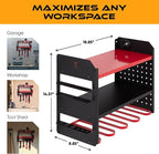 Power Tool Organizer - Wall Mount Storage for Garage Organizes 4 Cordless Drills & Tools - Heavy Duty Rack w Pegboard Sides Shelves & Hooks - Neatly Holds Screwdrivers & Drill Bits RED/BLACK