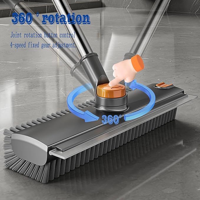 Floor Scrubbing Brush with Squeegee,2 in 1 Grout Brush with 54" Adjustable Long Handle,V-Shape Stiff Brush Bristle,360°Rotation,Bathroom Cleaning Brush for Tile,Deck,Garage,Kitchen,Swimming Pool,Grey