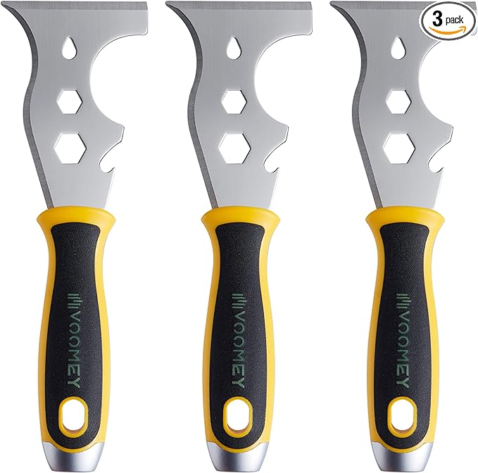 VOOMEY 12-in-1 putty knife, paint scraper tool, stainless steel paint scraper,3 Pack, three color rubber covered handle,metal scraper used for cleaning paint rollers, removing wall cracks,etc