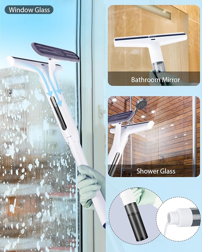 Red Horn Window Squeegee with Long Handle, Mirror Window Cleaning Squeegee Kit with Washable Pad and Blade Cleaner for Glass,Wall, Window, Mirror.White Color