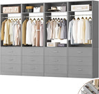 Besiost Closet System Set of 4, 8FT Closet Systems with 12 Wood Drawers, 96" Closet Organizer System with 4 Hanging Rods & 4 Shelves, Heavy Duty 96 Inch Walk-in Closet, Grey (96"L x 15" W x 80" H)