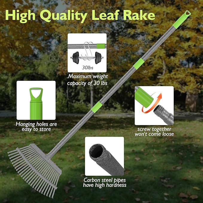 GARDENWORK Garden Leaf Rake,73" Long Handle Rake for Leaves,18" Wide Metal Garden Rakes with 25 Reinforced Tines and Adjustable Handle for Lawn,Shrub,Grass,Flower Beds