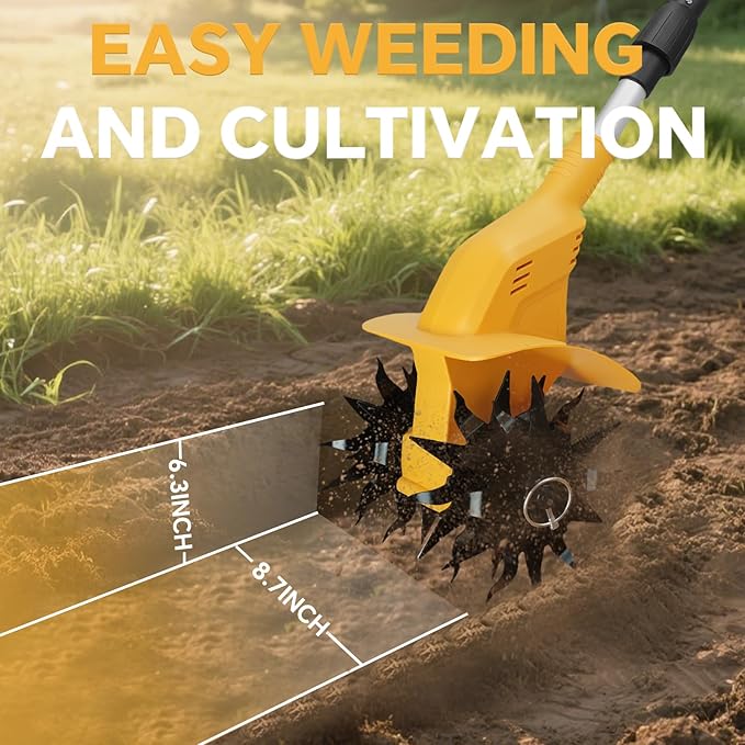 Cordless Tiller Cultivator for Dewalt 20v Battery, 500W Brushless Garden Tiller, 8.7" Tilling Width and 6.3" Depth, 330RPM Electric Rototiller for Gardening, Soil Cultivation(No Battery)