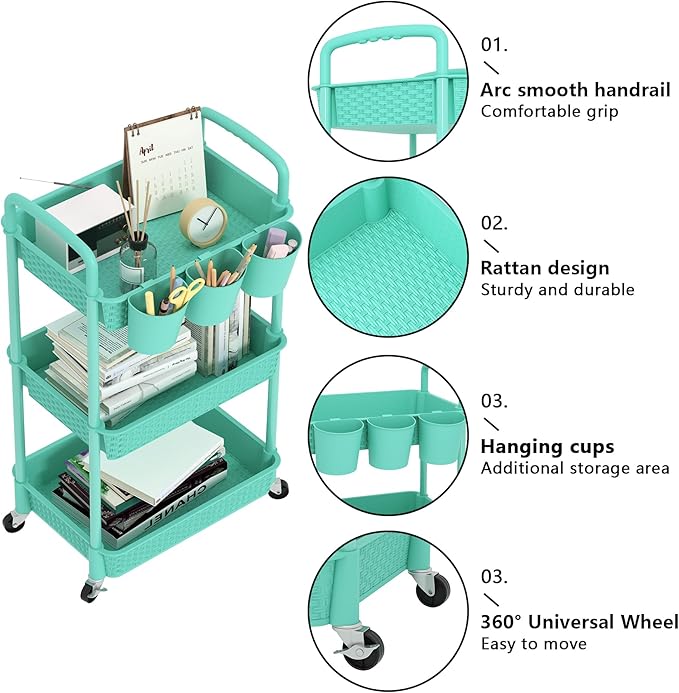 MOYIPIN 3-Tier Plastic Rolling Utility Cart with Handle,Utility Storage Cart for Office, Living Room, Kitchen,Movable Storage Organizer Shelves,Turquoise with 3 Hanging Cups