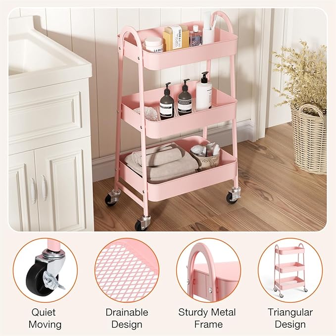 3-Tier Metal Rolling Utility Cart, Small Rolling Cart Kitchen Trolley Bathroom Laundry Room Bar Office Shelves Storage Organizer Shelving Unit with Caster Wheels for Narrow Places, Pink