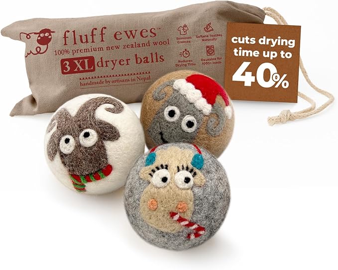 Hustle & Blush Fluff Ewes Wool Dryer Balls 3 Pack - XL Sheep in Heavenly Peace Premium New Zealand Laundry Set, Reduces Drying Time, Static Control, Chemical Free, Ideal Holiday Gifts for Women & Men