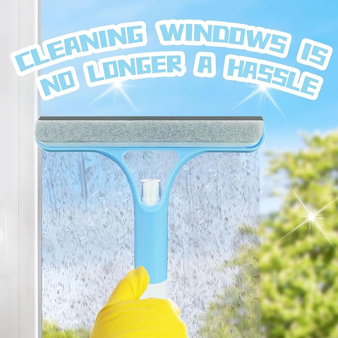 3 in 1 Window Cleaning Scraper,All-Purpose Spray Window Squeegee Cleaner Tool,for Glass Doors for Windows Glass, Mirrors Scraper, Brush (Blue and White)