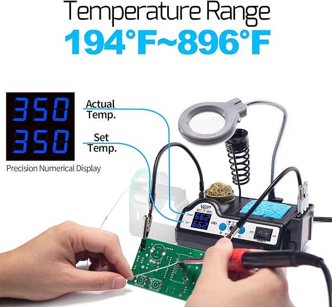 WEP 927-IV Soldering Station Kit High-Power 110W with 3 Preset Channels, Sleep Mode, LED Magnifier, 5 Extra Iron Tips, Tip Cleaner, 2 Helping Hands, Tip Storage Slots, Lead-free Solder Wire, Tweezers