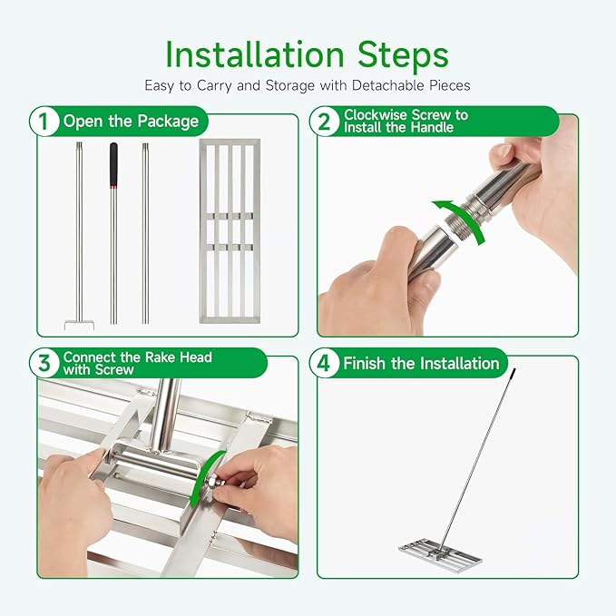 GreatBuddy Lawn Leveling Rake 30'' x 10", Heavy-Duty Stainless Steel Lawn Leveling Tool for Lawn, Soil, Sand, 78'' Extra Long Handle, Ideal for Yard, Garden