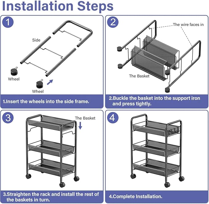 3 Tier Rolling Cart, Rust-Resistant Mesh Wire Metal Utility Cart with Wheels & 4 Side Hooks, Tool-Free Assembly, for Kitchen, Bathroom, Laundry Room, Living Room, Pantry, Dorm