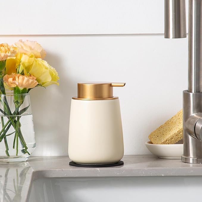 Enra Ceramic Soap Dispenser,12 oz Hand Lotion Dispenser with Gold Pump,Refillable Dish Soap Dispenser,Modern Liquid Soap Dispenser for Bathroom,Kitchen with Easy-to-Press Pump(Beige Liquid Glod Pump)