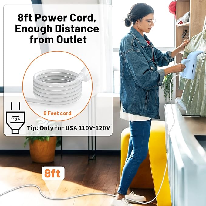 Handheld Garment Steamer for Clothes, Portable Clothes Steamer Remove Wrinkle, 180ml Water Tank, 12 minutes Continuous Steam, 2.3 meter Cord, Ideal for ALL Fabrics, One button Design (Blue)