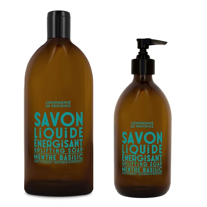 Compagnie de Provence Savon de Marseille Apothicare Liquid Soap, Mint Basil, 16.7 Fl Oz Glass Pump Bottle and 33.8 fl oz Plastic Bottle Refill