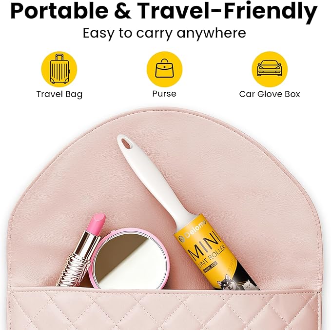 DELOMO Mini Lint Rollers Travel Size 8 Pack (240 Sheets Total) – Extra Sticky Lint Roller for Pet Hair, Clothes, Furniture & Car – Compact Portable Design for On-The-Go Quick Cleanups