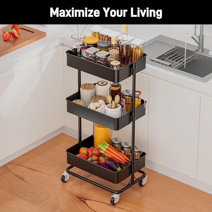 TECBOT 3 Tier Metal Rolling Cart with Wheels, Utility Storage Cart with Handle and Lockable Casters, Storage Basket Organizer Shelves, Easy Assemble for Kitchen, Living Room, Office, Nursery, Black