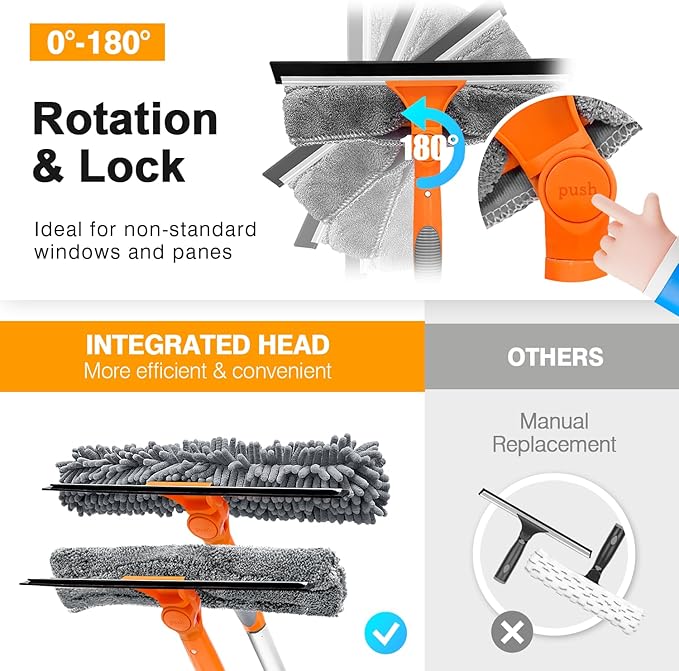 Professional Window Squeegee Cleaner, 2 in 1 Shower Squeegee with Extension Pole, 65”Telescopic Window Washing Equipment with 180°Adjustable Head, Glass Cleaning Tools for Outdoor High Window