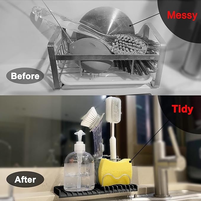 Gosmol Silicone Sponge Holder Rack Dish Soap Holder for Kitchen Counter, Waterproof Sponge Soap Tray for Kitchen Sink Bathroom, Multipurpose Sink Caddy Organizer for Soap Dispenser Black