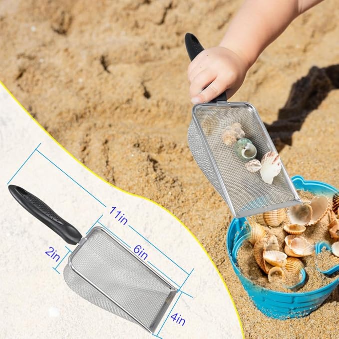 Beach Sand Sifter, 2 Beach Sifting Sand Telescoping Pole Sets with Scoops, Baskets, Mesh Bag, for Kids Picking Up Shells Shovels Shark Teeth