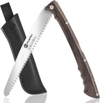 Folding Pruning Saw 10 Inch with Leather Sheath and Wenge Wooden Handle, SK5 Steel Blade, Foldable Hand Saw for Camping, Survival, Wood Cutting, Bushcraft and Tree Trimming