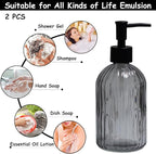 Gray Glass Soap Dispenser Set with Black Pump, 13.5oz Refillable Liquid Hand Soap Dispenser, Lotion Dish Soap Dispenser for Modern Home Decor, Bathroom, Kitchen Countertop, Hotel(2 Pack)