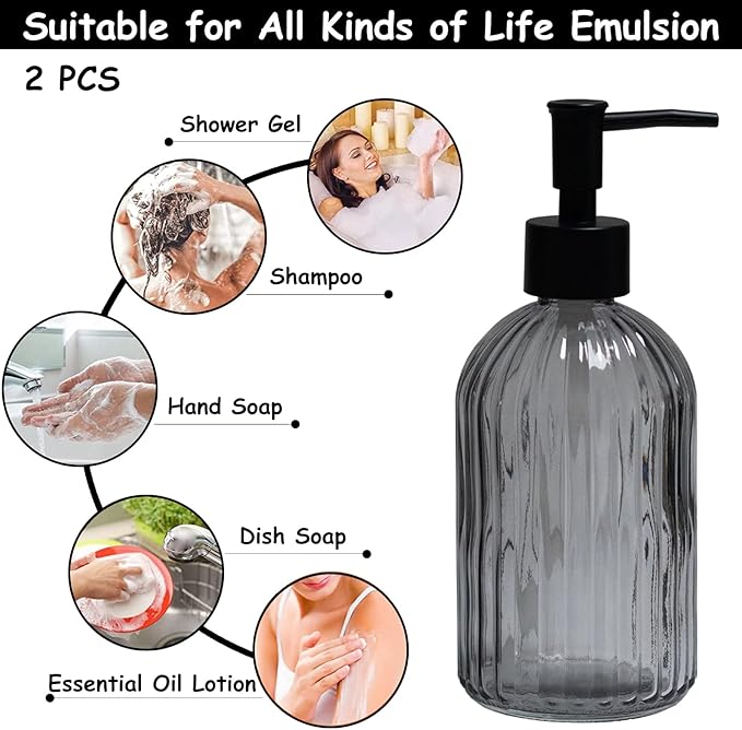 Gray Glass Soap Dispenser Set with Black Pump, 13.5oz Refillable Liquid Hand Soap Dispenser, Lotion Dish Soap Dispenser for Modern Home Decor, Bathroom, Kitchen Countertop, Hotel(2 Pack)