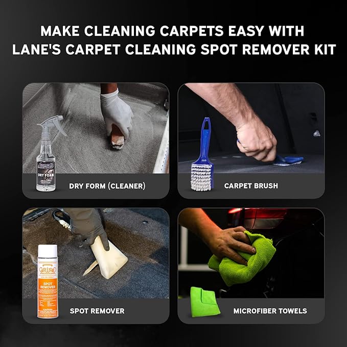 LANE'S Carpet Cleaning & Spot Remover Kit - 32oz Dry Foam, Spot Remover, Carpet Brush, Microfiber Towels, No Water is Needed, Safe and Easy to Use