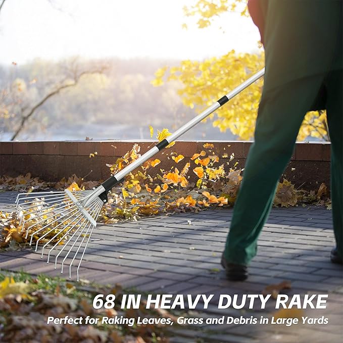 Adjustable Garden Leaf Rake for Leaves 68 inch Garden Tools Set, Leaf Bag and Gloves, Long Handle Stainless Steel Metal Heavy Duty Rake for Yard Lawn Shrub Garden Beds