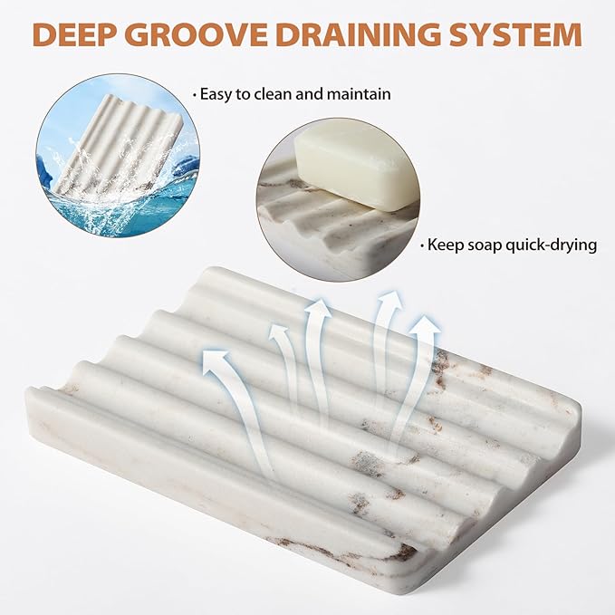 2PCS Koville Italian Natural Marble Soap Dish for Shower, Multi-Color Stone Soap Tray for Bathroom, Bar Soap Holder for Sink, Stripe Grooves Soap Saver Sponge Holder (White/Brown Random)