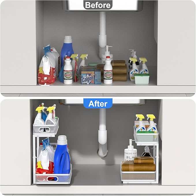 Under Sink Organizer, High Adjustable 2 Tier Under Sink Organizers and Storage, Slide Out Metal Cabinet Organizers, Pull Out Storage Drawer Shelf for Kitchen Bathroom Cabinet, White, 2 Pack