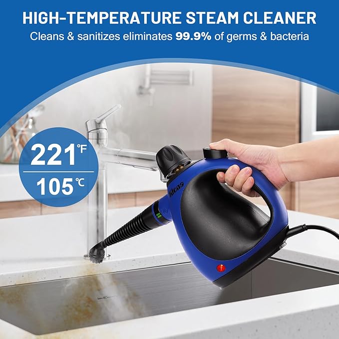 Klona Handheld Steam Cleaner, Steam Cleaner for Home with 10 Accessory Kit, Multipurpose Portable Upholstery Steamer Cleaning with Safety Lock to Remove Grime, Grease, and More