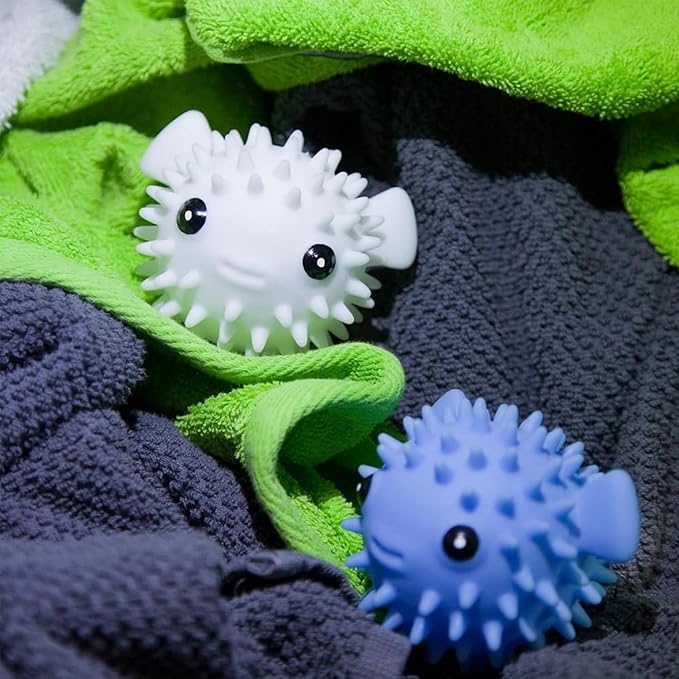 Kikkerland Set of Two Reusable Dryer Buddies for Laundry – Fabric Softener Dryer Balls – Control Static, Remove Wrinkles, Dry Clothes Faster, Puffer Fish