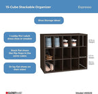 ClosetMaid 15 Cube Stackable Storage Organizer for Shoes, Bags, Crafts, Hobbies with Wood Shelves, for Closet, Entryway or Mudroom, Espresso