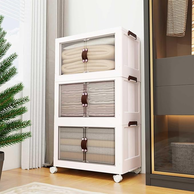 Luxdecor Plastic Storage Bins With Lids-Stackable Plastic Storage Bins on Wheels, Closet Organizers and Storage Cabinet with Doors,Larger 4Tier