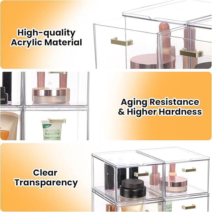 4 Pack Clear Stackable Storage Drawers, 8" Tall Bathroom Makeup Organizer with Handle, Plastic Organizer Bins Easy Assembly for Home, Kitchen, Pantry, Cabinet Under Sink Organization