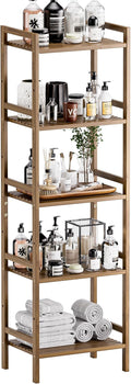 HITNET Bamboo Book Shelf, Tall Narrow Bookcase, Bathroom Shelving Unit 5 Tier Floor Standing Adjustable Bookshelf for Small Spaces, Walnut