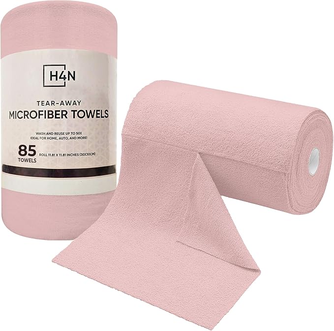 H4N Microfiber Cleaning Cloth Roll, 85 Pack Tear Away Towels, Lint Free, Absorbent, Streak Free, Non-Abrasive, Reusable and Washable Dish Rags for Car and Household Supplies, 11.81x11.81 Inches (Pink)