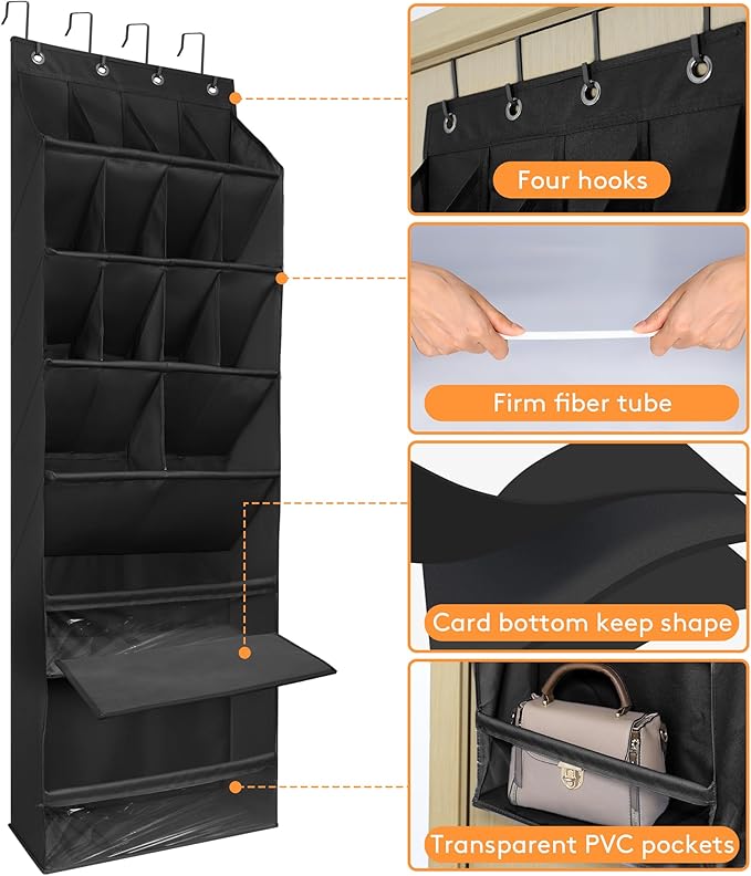 Over The Door Shoe Organizer, Hanging Shoe Rack with Extra Large Deep 16 Pockets, Wall Shoe Storage for Closet and Narrow Door, Hanging Shoe Organizer, RV Storage and Organization, Black
