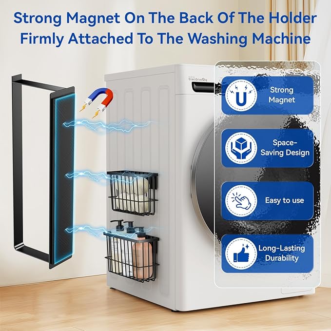 Magnetic Dryer Ball Holder and Magnetic Hanger Holder for Laundry Room Organization and Storage, Magnetic Lint Bin for Laundry Room, Iron Basket Dryer Ball Container for Laundry Room Storage (Black)