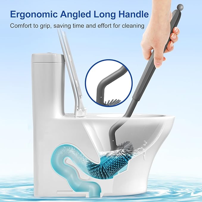 HAMITOR Toilet Bowl Brush Holder Set: Deep Cleaning Silicone Toilet Cleaner Scrubber Under Rim with Curved Bristle for Bathroom Dead Corner Clean - Modern Rv Toilet Decorative Accessories - Gray