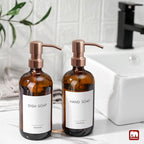 GMISUN Amber Glass Soap Dispenser, 2 Pack Bathroom Hand Soap Dispensers with Rose Gold Pump, 17 Fl Oz Kitchen Hand and Dish Soap Dispenser Set, Modern Vintage Liquid Brown Soap Dispensers Bottle