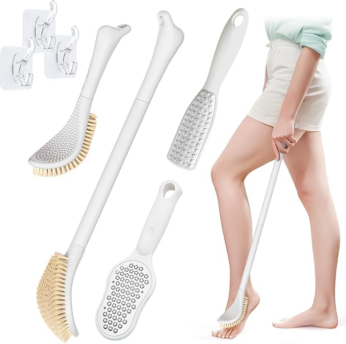 New Foot Brush & Foot Files Set(3PCS), 3-IN-1 Foot Scrubber with Long Handle, 10.2’’-27.5’’Adjustable Foot Scrub Brush and 2 Upgrade Foot File Callus Remover, Gift-Box Packed(White+2*Foot File)