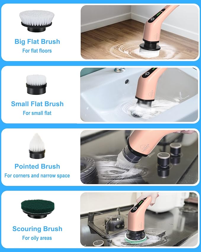 Leebein Electric Spin Scrubber, Cordless Powerful Scrub Brush for Cleaning Bathroom, Kitchen, Shower Tub and Floor Tile with Adjustable Extension Long Handle and 8 Replaceable Brush Heads(Rose)