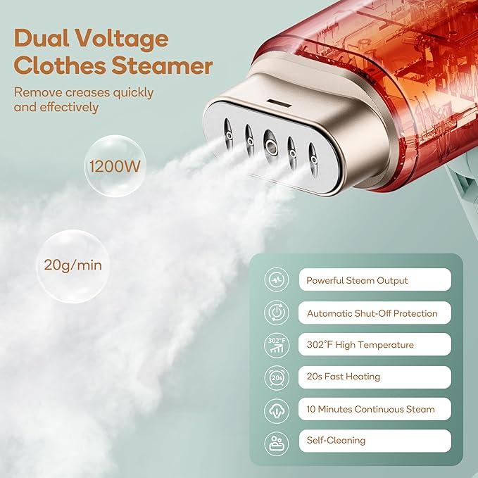 Newbealer Dual Voltage Travel Steamer - 120V/220V Handheld Steamer for Clothes, 1200W Horizontal & Vertical Steaming, 20s Heat-up, Foldable, 180ml Garment Wrinkle Remover (Green)