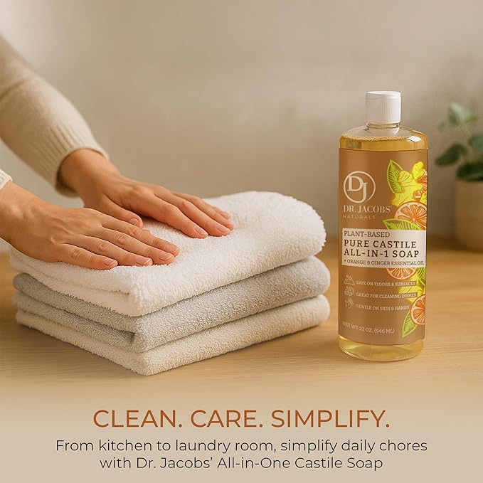 Dr. Jacobs Naturals Orange & Ginger Castile All-In-One Cleaner and Soap - Plant-Based Formula for House Cleaning Floors and Appliances - Gentle on Skin and the Planet - 32 oz, 1 Pack