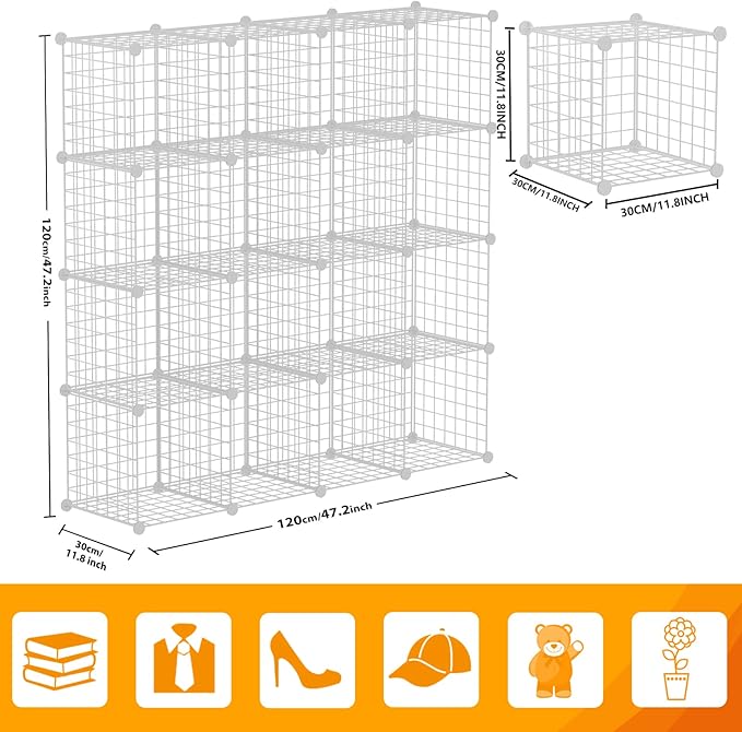 HUBSON Wire Cube Storage Organizer, Book/Toy/Craft/Potted Plants and Pet Closet Organizers, 16-Cube Freely Combinable Metal Grid Storage Shelf, White Iron