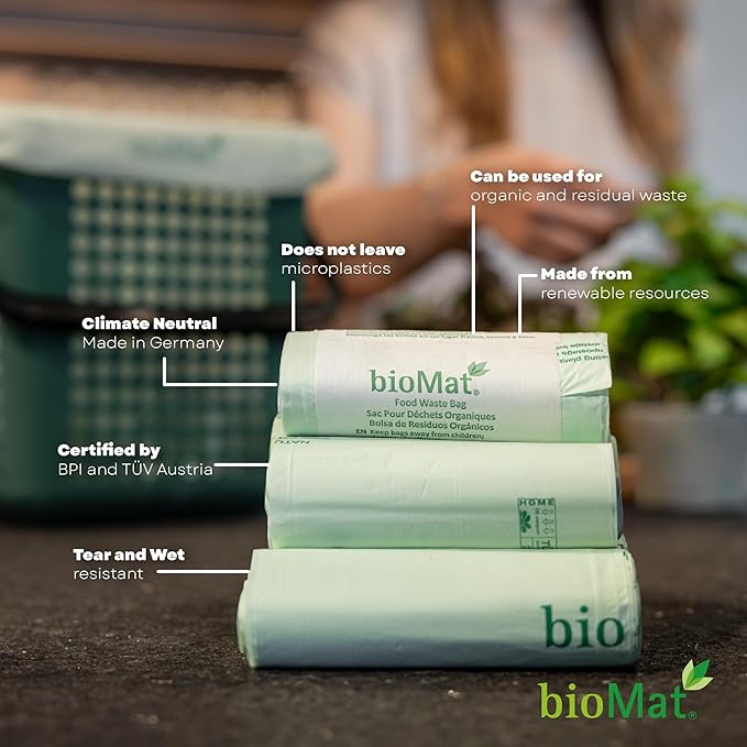 bioMat 3 Gallon Compost Bags with Handle Ties, 125 Count, Compostable Trash Bags BPI ASTM D6400 and CMA Certified