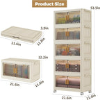 5 Tier Stackable Plastic Storage Bins with Lids 48QT, Collapsible Closet Organizers and Storage with Wheels for Living Room,Office,Dorm