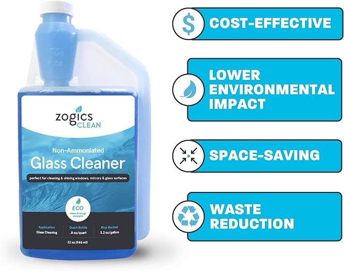 Zogics Non-Ammoniated Glass Cleaner Concentrate - 32 oz Bottle Makes up to 10 Gallons - Meets ECOLOGO Standards